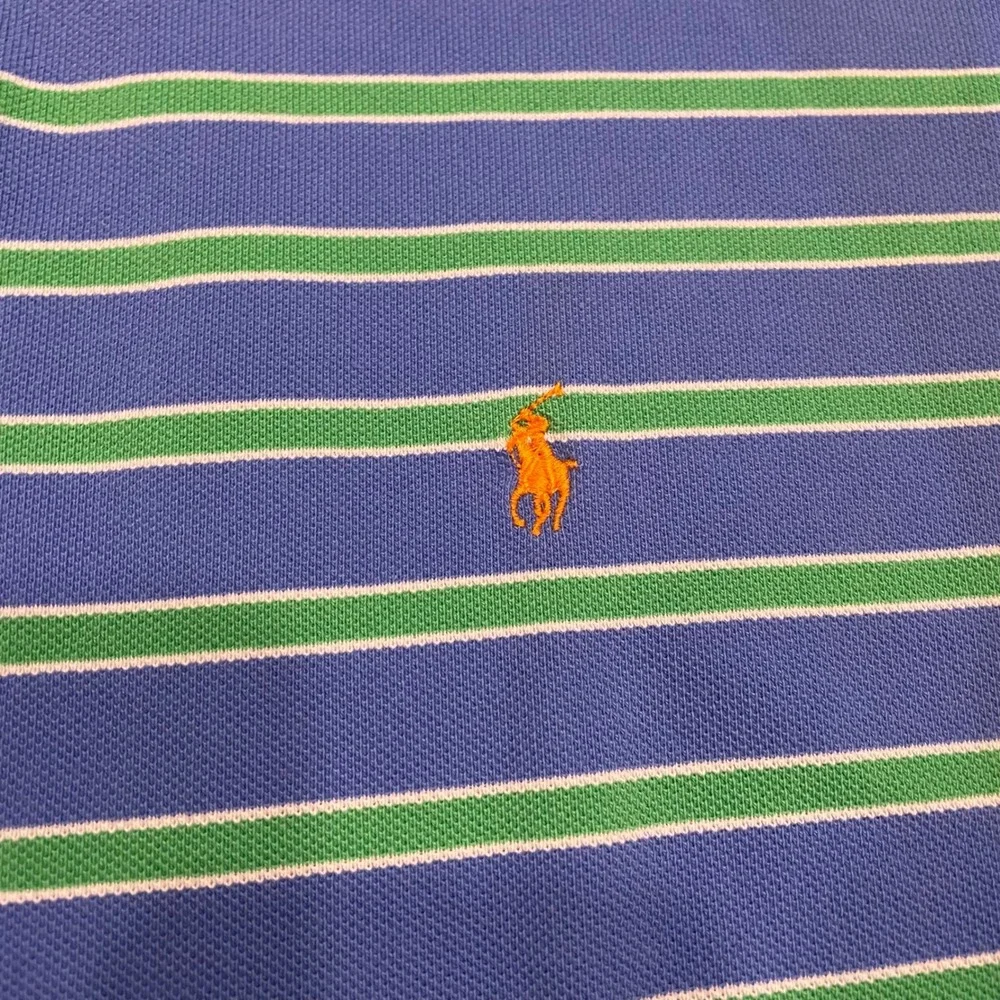 Polo Ralph Lauren Polo Shirt Mens L Blue Green Striped Short Sleeve Pique Cotton